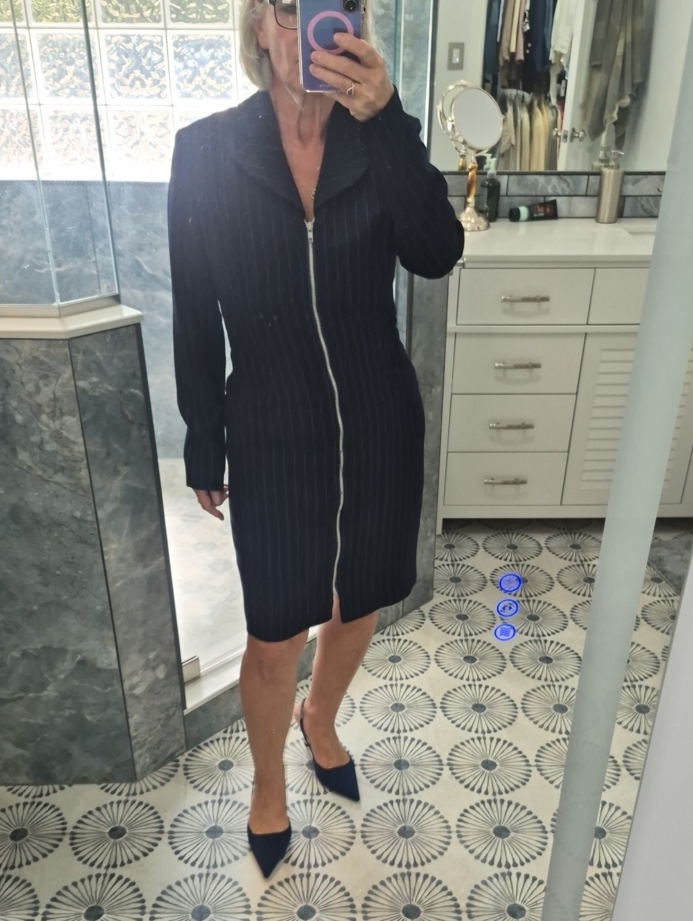 Vintage Casual Corner Navy Pinstripe Zip-Front Blazer Dress
